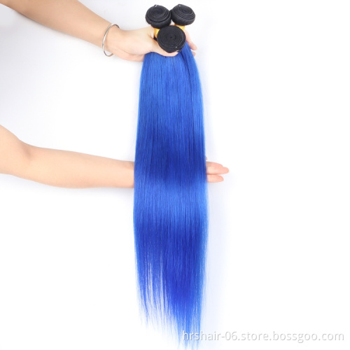 Brazilian Remy Human Hair Extensions Weaves 1B/Blue Ombre Color Straight Brazilian Virgin Human Hair Bundles With Closure